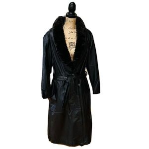 Vintage Braefair Leather Coat Womens Size L Black Long Trench Faux Fur Collar